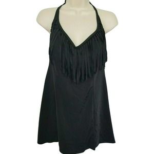 Inches Off One Piece Black Fringe Halter Neck Swim Suit Dress Size 10 NEW